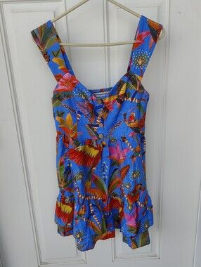 Farm Rio Tropical Blue Parrot Print Dress Small